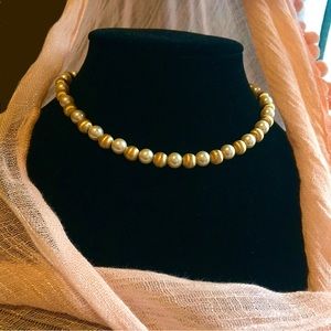 Vintage Napier signed 10kt Spun-gold beads w/faux pearls on dainty chain choker
